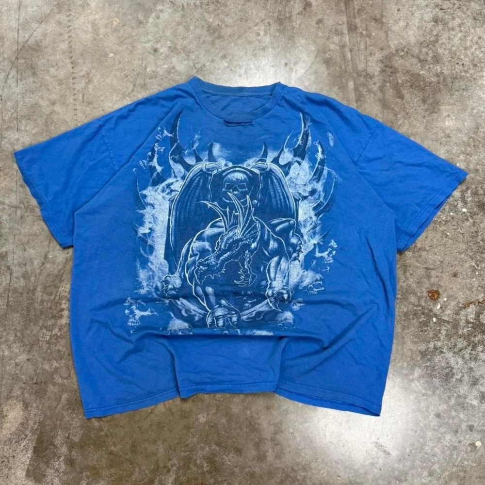 Y2K JNCO style Blue Dragon Distressed Graphic Tee Size XXL